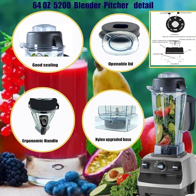 Blender Pitcher 64oz, Compatible with Vit 5200 5000 5300 6300 VM0101 VM0103 VM0197 Classic/Commercial Series, Blender Container Jar Cup,Updated Prevents Rust and Leaks,10 Years Warranty