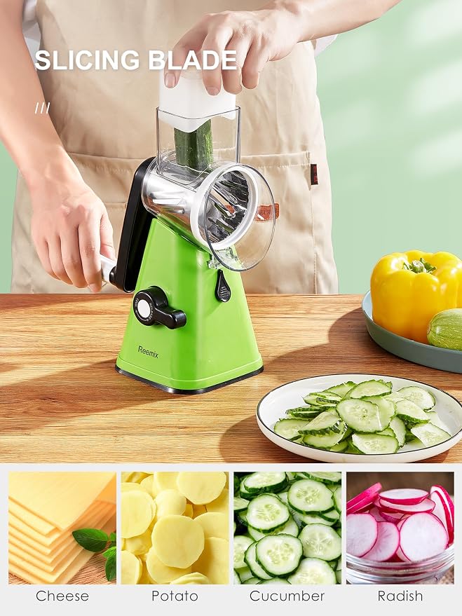Rotary Cheese Grater with Handle, Reemix Vegetable Cheese Grater | Shredder Slicer Grater for Kitchen 3 Changeable Blades for Cheese Potato Zucchini Nuts Chocolate (Green)