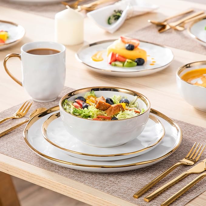 LOVECASA 16 Pieces Plates and Bowls Sets, Porcelain White and Gold Dinnerware Sets, Round Dinner Plates Dishes Set Service for 4, Dishwasher Safe and Scratch Resistant, White