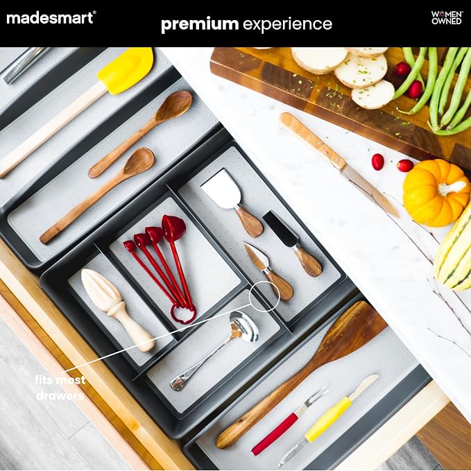 madesmart Classic 4 Compartment Drawer Organizer, Granite | non slip feet, rounded corners, soft grip base, open sections, cords tech accessories, office craft supplies, woman owned