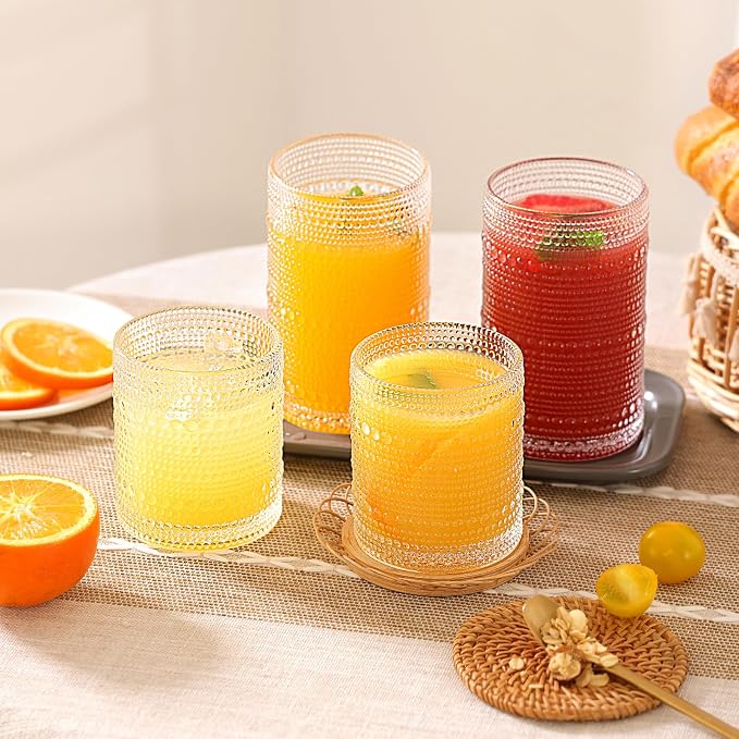 Moretoes Vintage Hobnail Drinking Glasses Set of 12 | 15 Oz Highball Glasses & 10 Oz Cocktail Glasses, Glass Cups Kitchen Bar Tumbler Glassware Set for Whiskey, Beer, Juice, Milk