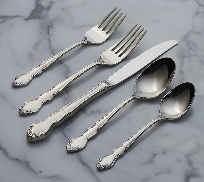 Oneida Dover 45-Piece 18/10 Silverware Set for 8, Flatware | mirror finish, dishwasher safe | includes serving spoons and utensil set | cutlery set, wedding silverware