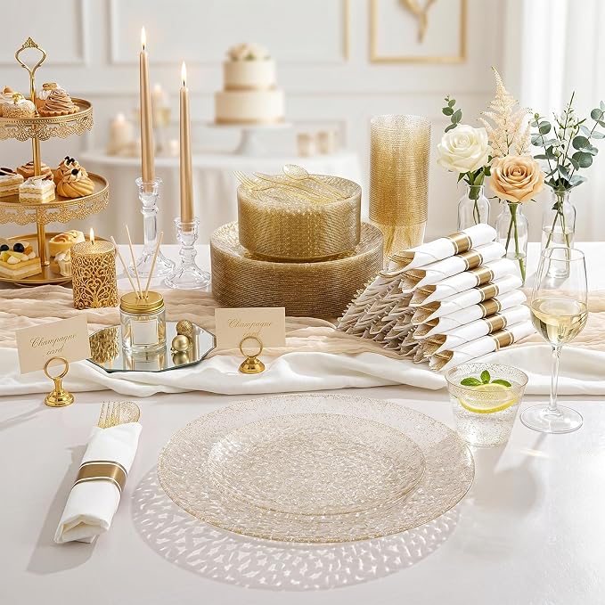 Rubtlamp 700Pcs Gold Glitter Plastic Dinnerware Set, Hammered Clear Plates, Fancy Plastic Plates Include 100 Dinner Platos, 100 Salad Platos, 100 Cups,100 Pack Pre Rolled Glitter plastic Silverware