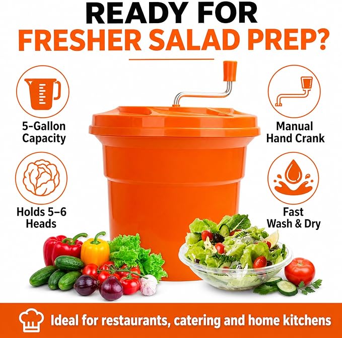 YBSVO 5-Gallon Commercial Salad Spinner Dryer | Heavy Duty Large Lettuce Dryer & Vegetable Washer – Manual Food Prep Spinner for Restaurants & Catering
