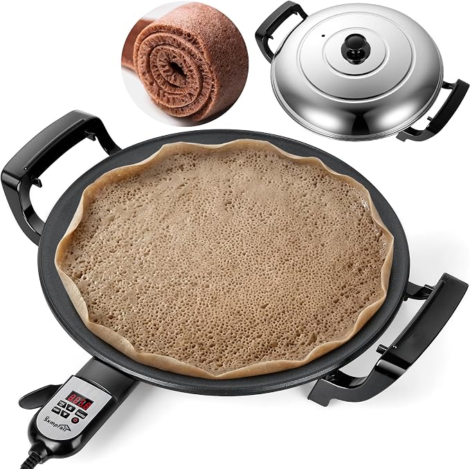 Ethiopian 18.5" Injera Maker Mitad (Mogogo), Electric Griddle with Adjustable Temperature & Time, Non-Stick Surface for Norwegian Lefse, Swedish Pancake, Indian Dosa, Digital Handle