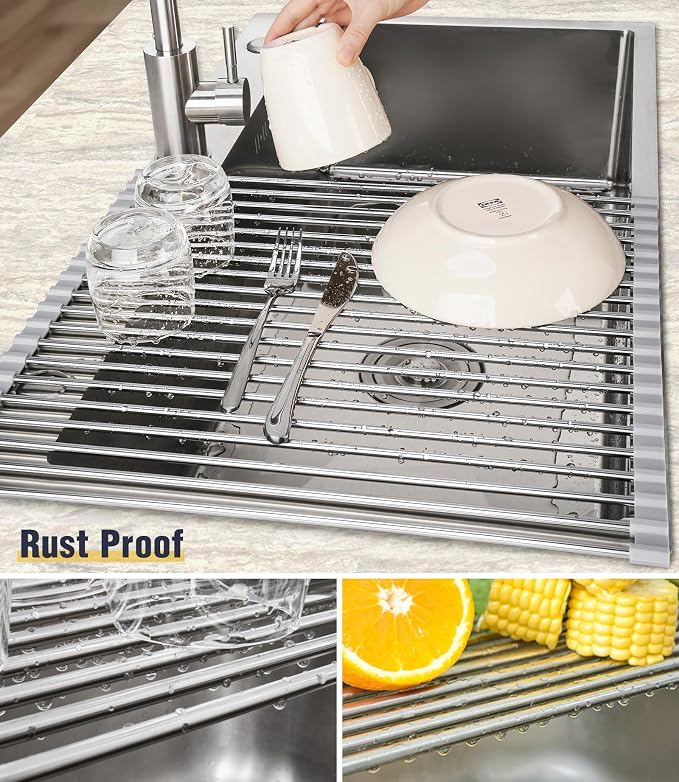 Tomorotec Roll Up Dish Drying Rack Over Sink, 304 Steel, 21x15.5, Grey | Anti-Slip Silicone Rims For Grip, Heat-Resistant Trivet Mat Holding Heavy Cookware, Rustproof Kitchen Counter Space Saver