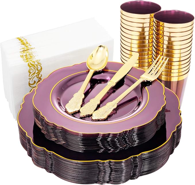 KIRE 210Pcs Purple Plastic Plates with Gold Rim& Silverware &Cups&Hand Napkin - Baroque Clear Plastic Dinnerware for Upscale Wedding/Parties Plates | Include 60pcs Clear Purple and Gold Plates, 30pcs Plastic Silverware, 30pcs Napkins and 30pcs Cups Ser...