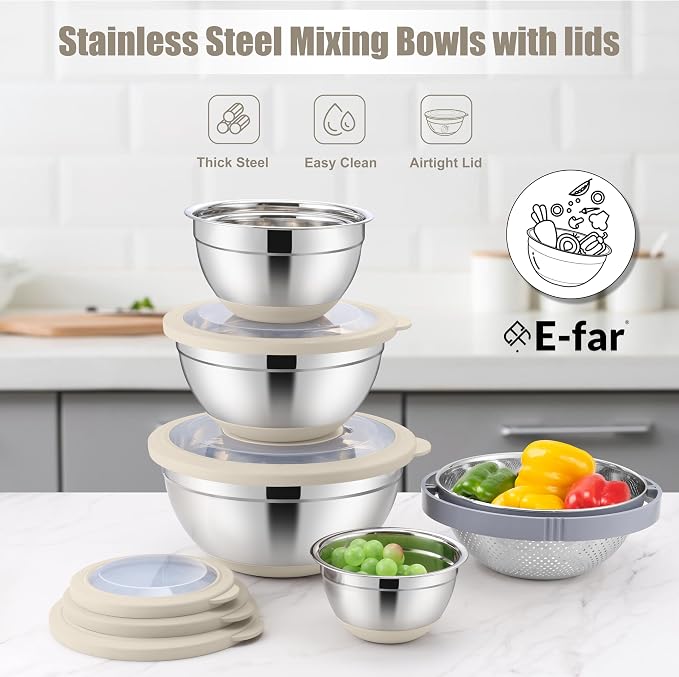 E-far Stainless Steel Mixing Bowls with Lids & Colander, 15PCS | Nesting Mixing Bowl with Non-Slip Bottom & 3 Metal Grater, For Kitchen Prep Baking Storage, 4.6, 3, 1.5, 1, 0.7QT, Khaki