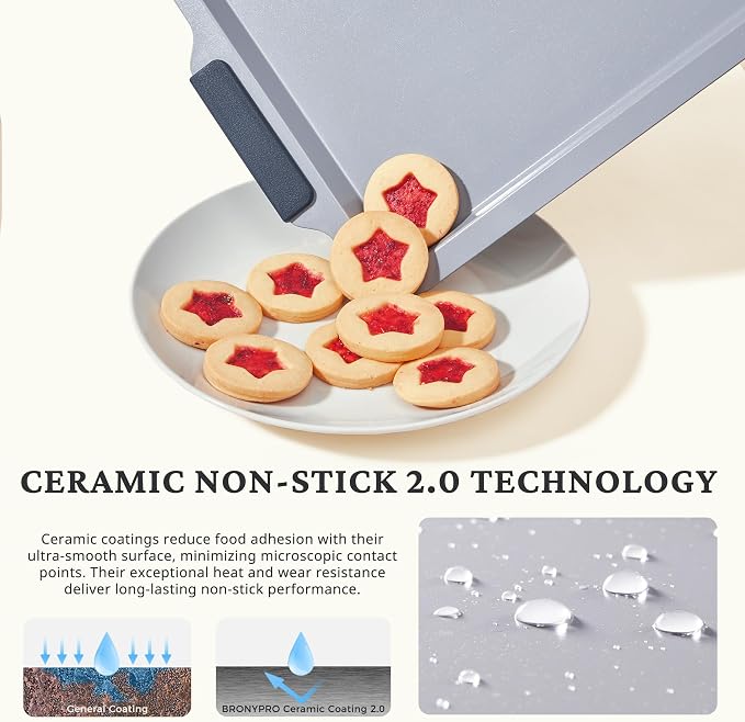 BRONYPRO Non Stick Ceramic Baking Sheet Pan Set of 3, Non Toxic Cookie Sheets (PFOA/PTFE Free), Aluminized Steel Oven Trays with Silicone Handles, Rust-Resistant, Warp-Resistant to 500°F, Blue Gray