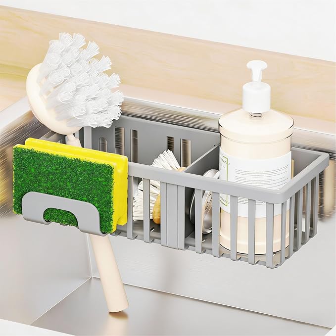 3 in 1 Kitchen Sink Caddy Sponge Holder with Suction Cup and Adhesive,Plastic Rust-Proof kitchen Scrubber,Dish Scrub,Dish Soap Holder,Grey Hanging Sponge Rack and In Sink Organizer Essentials
