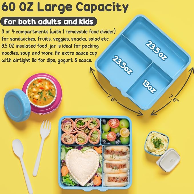 Fimibuke Bento Box for Kids Adults, BPA Free Toddler Lunch Box with Thermo | w/ 8.5oz Insulated Food Jar Utensils & Sauce Jar, Leakproof Dishwasher Safe 3 or 4 Compartment Container for School Girl Boys