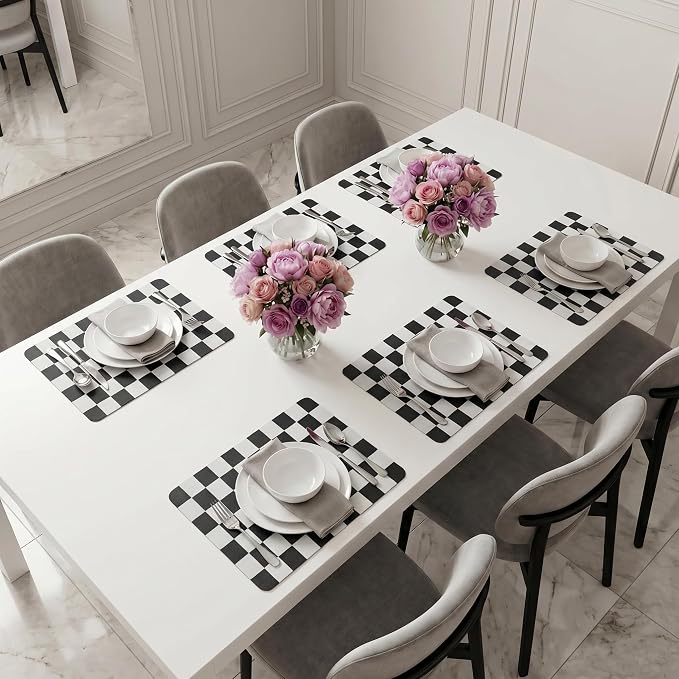 Set of 6 Checkerboard Non-Slip Washable Placemats for Dining Table | Waterproof & Heat-Resistant Faux Leather Mats | Easy Wipe Clean Tablemats for Indoor Dining, 17’’×12’’, Black