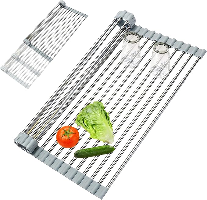 Expandable Roll-UP Dish Drying Rack-Large 304 Stainless Steel Dish Drainer Over The Sink for Kitchen Countertop,Extendable & Rollable & Food Grade (Silver,22.08'x 13.2')