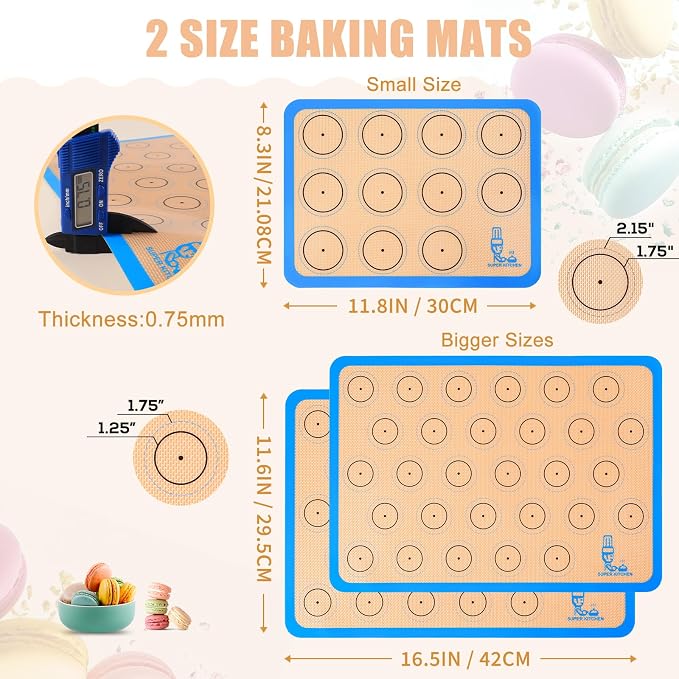 Silicone Macaron Baking Mat Sheet Set of 3-2 Half Sheet 1 Quarter Sheet | Non Stick Silicon Oven Liner For Macaroons and Cookies, By Folksy Super Kitchen (16.5x11.6, Blue)