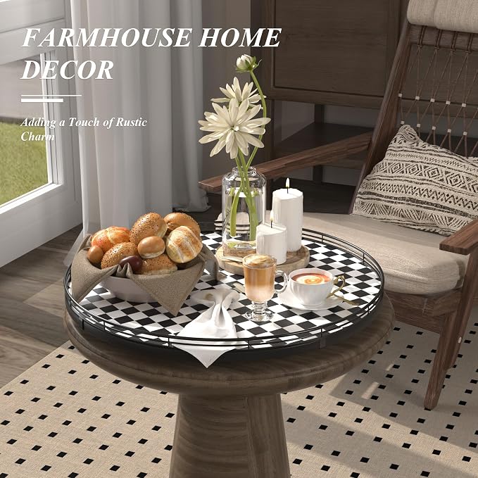 AMH18-Inch Black and White Checkerboard Lazy Susan Decorative Tray | Smooth rotating oak tray with walnut finish for dining tables, kitchen counters, pantries and cabinet storage.