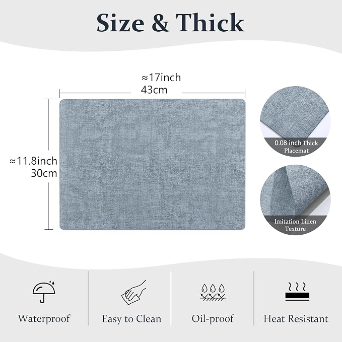 FROMHEART Faux Leather PU Placemats Set of 4 (Light Blue,11.8" x 17") | Waterproof,Heat/Oil Stain-Resistant Table Mat–Reversible,Non-Slip,Easy to Clean Place Mats for Kitchen,Dining,Indoor/Outdoor