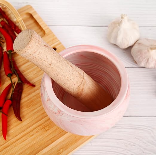 Mortar and Pestle Set- Ceramic Kitchen Mortar and Pestle for Spices, Herbs & More- Durable Mortar with Anti-Slip Base and Sturdy Wooden Pestle with Finest Grinding Ability- 2.6 Cups Capacity