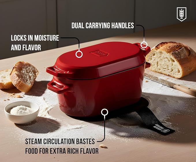 KooK Oval Dutch Oven, for Bread Baking, Sourdough Loaf Pan, Dual Handles, Enameled Cast Iron, with Sling, Dishwasher Safe, 3.4 Qt, Cherry Ombre