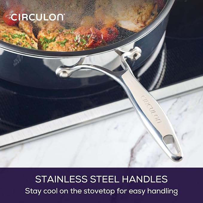 Circulon C1 Series Clad Stainless Steel with ScratchDefense Technology Cookware Nonstick Induction Saute Pan with Lid and Helper Handle, Metal Utensil Safe, 5 Quart - Polished Stainless Steel