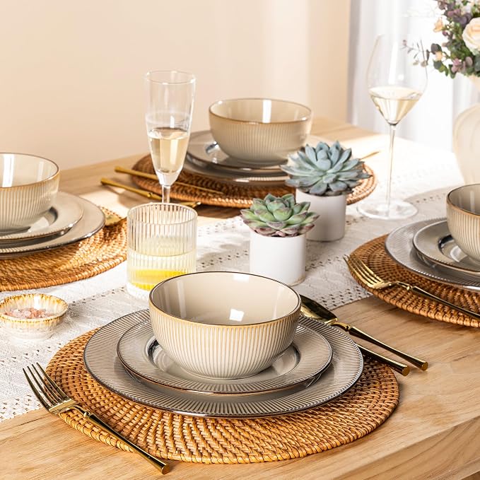 GBHOME Ceramic Dinnerware Sets of 6,18 pcs Plates and Bowls Sets Dishes | Embossed Elegant Stoneware Dishes Set | Dishwasher & Microwave Safe | Service for 4