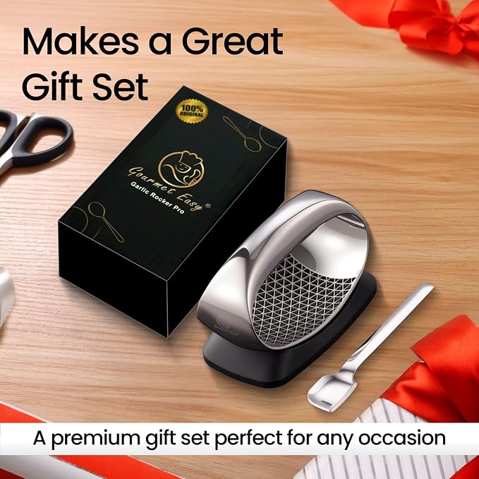 Gourmet Easy Stainless Steel Garlic Press Rocker with Eject Base & Scraper | Innovative 3D Cutting, Easy Crush & Clean Garlic Mincer, Premium Garlic Tool with Ergonomic Grip, 5-Year Warranty