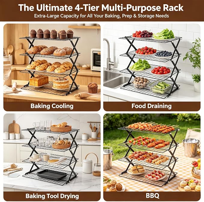 4 Tier Cooling Rack, Collapsible Cooling Racks for Cooking and Baking, Adjustable Cookie Wire Cooling Rack with 20 Sheets Parchment Paper, Baking Gifts for Homemade Bakers