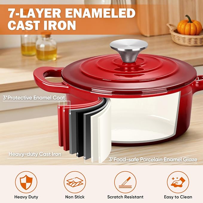 Homikit 3 Quart Saucepan with Lid, Enameled Cast Iron Sauce Pan, Enamel Cast Iron Cooking Pot Mini Dutch Oven Kitchen Cookware for Making Pasta, Boiling Soup, Warming Milk, Red