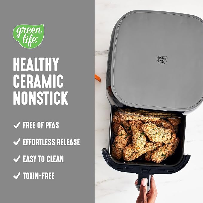 GreenLife Compact Electric Air Fryer Oven, 5.3 QT, PFAS-Free Ceramic Nonstick Drawer, 8 One Touch Digital Display, Easy View Window, Auto Shut-Off Timer, Dishwasher Safe Parts, 1500 Watts, Graphite