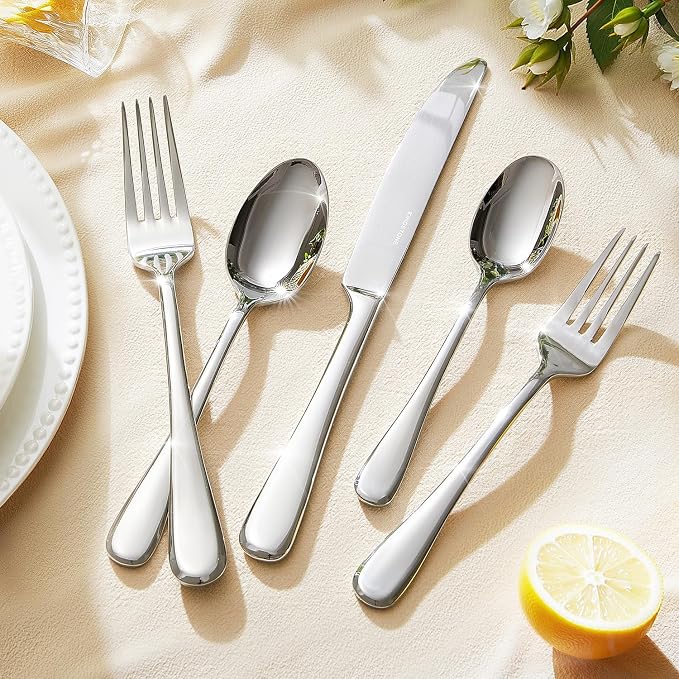 Silverware Set for 8,45 Piece Stainless Steel Flatware with Serving Utensil | KINGSTONE Heavy Duty Cutlery set, Mirror Polished Knives Fork and Spoon Utensils ,Dishwasher Safe for Wedding Housewarming