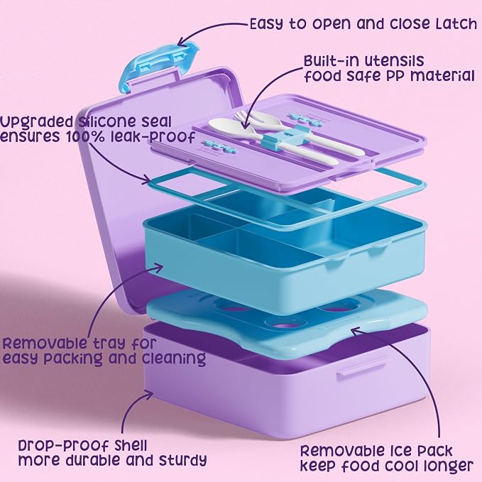 Fimibuke Chill Bento Box for Kids, Toddler Lunch Box with Built-In Ice Pack | Keep Cold Leak Proof BPA Free 4 Compartment Lunch Container with Utensil for Girl Boy School Adult, Microwave Dishwasher Safe