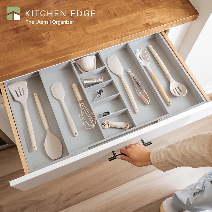 Utensil & Junk Drawer Organizer, 19-33 in, Gray Bamboo | Food-safe contract grade, 100% sustainable wood, non-slip, adjustable