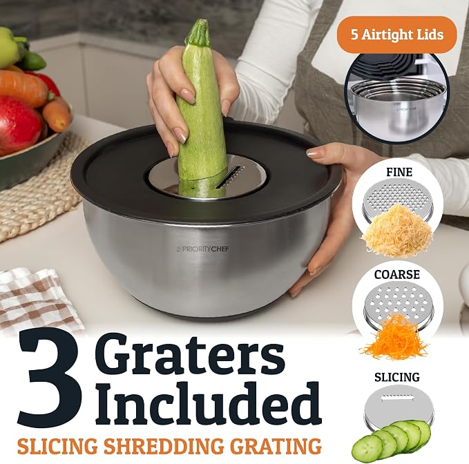 Stainless Steel Mixing Bowls with Lids Set, Metal Nesting Bowls with Airtight Lids, Graters, Non-Slip Base & Measurement Marks, Includes Utensil Set for Prep, Baking & Storage, Black