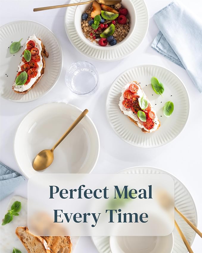 Stoneware Dinnerware Set for 8 People HYGGE 24-Piece - Elegant Scandi Design - Premium Dish Set - Bowl and Plate Set - Tableware for 8 People in a Ribbed Design - Pure Living in Beige