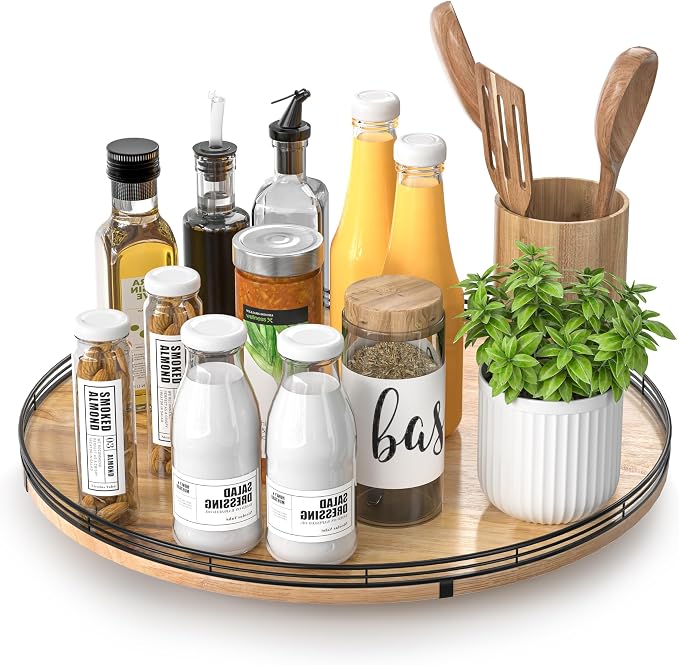 AMH 16-Inch Farmhouse Oak Lazy Susan Organizer for Table and Cabinet | Smooth rotating oak tray with walnut finish for dining tables, kitchen counters, pantries and cabinet storage.
