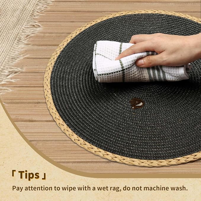 Round Placemats Set of 8, Woven Table Mats, Thin Edge, Black | Braided Paper Edge, 15 Inch Diameter, Fits Dinner Plate and Flatware, Wipeable, Heat Resistant, Indoor Dining, Outdoor Patio