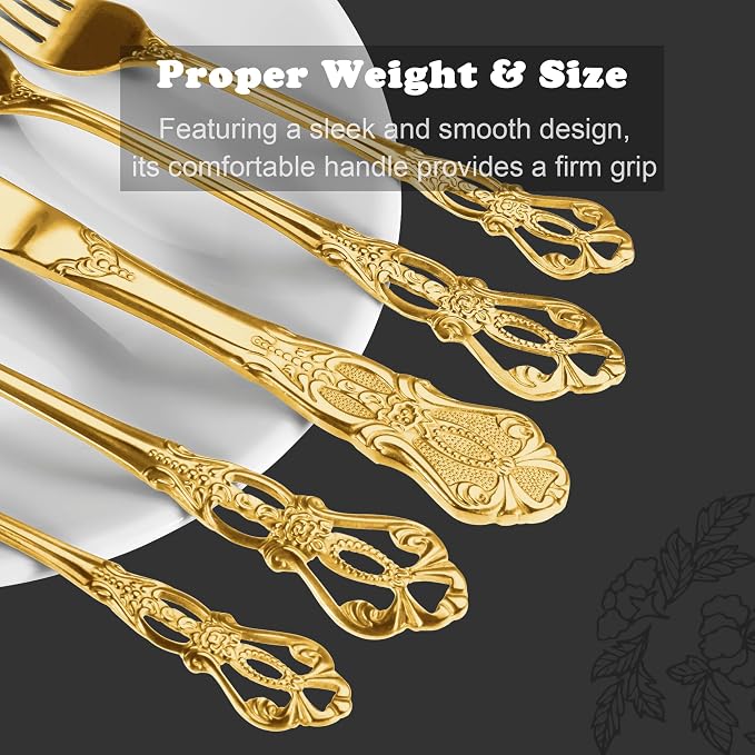 Runfly Gorgeous Retro Royal Gold Stainless Steel 20-Piece Flatware Set | Silverware Set for 4, Anti-rust Cutlery Set Utensils Kitchen Including Fork Spoon and Knife