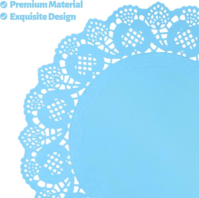 MCEAST 100 Pack Round Blue Paper Doilies 13.5 Inches Lace Paper Place Mats Rustic Scallop Doily Disposable Table Pads for Food Cakes Crafts Party Weddings Tableware Decor