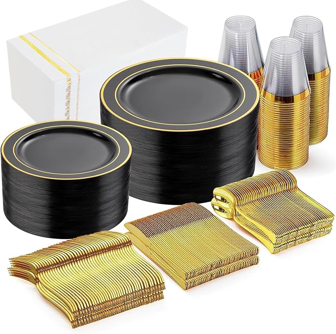 GATHER 350PCS Black Plastic Plates with Gold Rim for Wedding Party | Black and Gold Disposable Dinnerware Set include 100 Plates, 150 Silverware, 50 Napkins, 50 Cups for Birthday Retirement