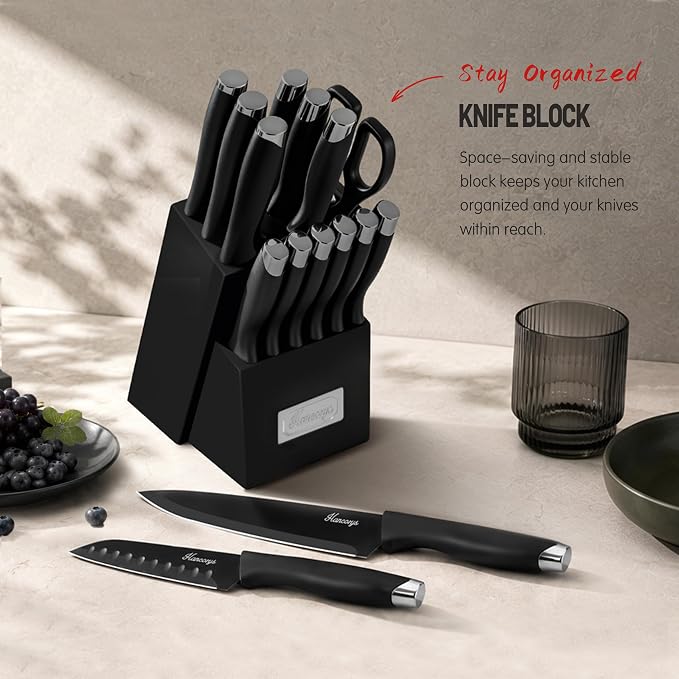 15 PCS Black Knife Set for Kitchen with Block, Built-In Sharpener | German High-Carbon Stainless Steel Nonstick Ceramic Anti-Rust Coating Blades, Ergonomic Handle, Ultra Sharp Cooking Knives