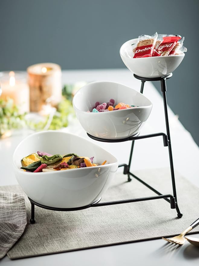 Miamolo 3 Tier Serving Bowls with Stand, Chip and Dip Bowl for Entertaining | Ceramic Food Display for Fruit Salad Snacks Party | with Removable Stand Space-saving Storage | Microwave & Dishwasher Safe
