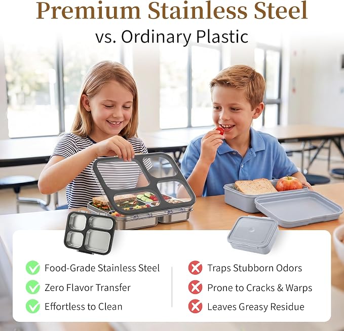 Stainless Steel Lunch Box for Kids, Leakproof 4 Compartment Kids Bento Lunch Box with Clear Lid, BPA-Free Steel Lunch Box Containers for School Travel (Black)