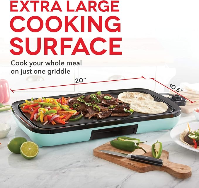 DASH Everyday Nonstick Electric Griddle for Pancakes, Burgers, Quesadillas, Eggs & other on the go Breakfast, Lunch & Snacks with Drip Tray + Included Recipe Book, 20in, 1500-Watt - Aqua