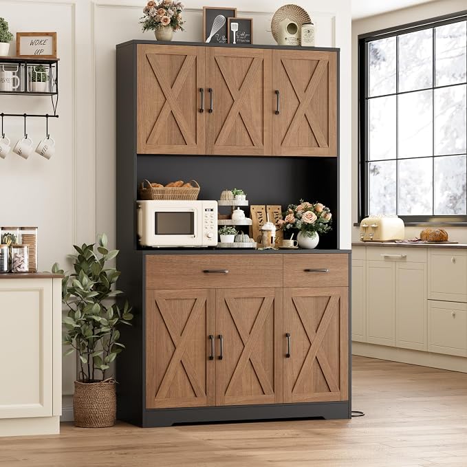 HOSTACK 71"H Kitchen Pantry Storage Cabinet, Farmhouse Hutch Cabinet, Brown | Space-Saving Pantry Cabinet with Charging Station & 2 Large Drawers & Adjustable Shelves, Tall Kitchen Hutch, Dining Room