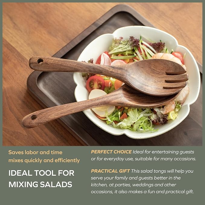 Muso Wood Acacia Salad Servers, 12-inch, Set of 2 | Wooden Salad Tongs for Serving Salad Mixes