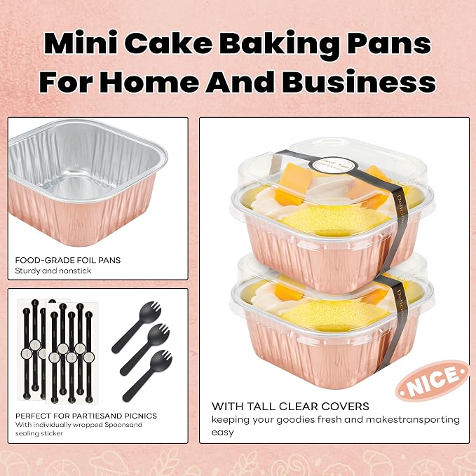 NPLUX Square Foil Cups with Lids, 50 Pack Champagne 5oz for Weddings | Fits tartlets, pudding desserts, loaf slices and sweet samples; compact shape makes tray planning easier.