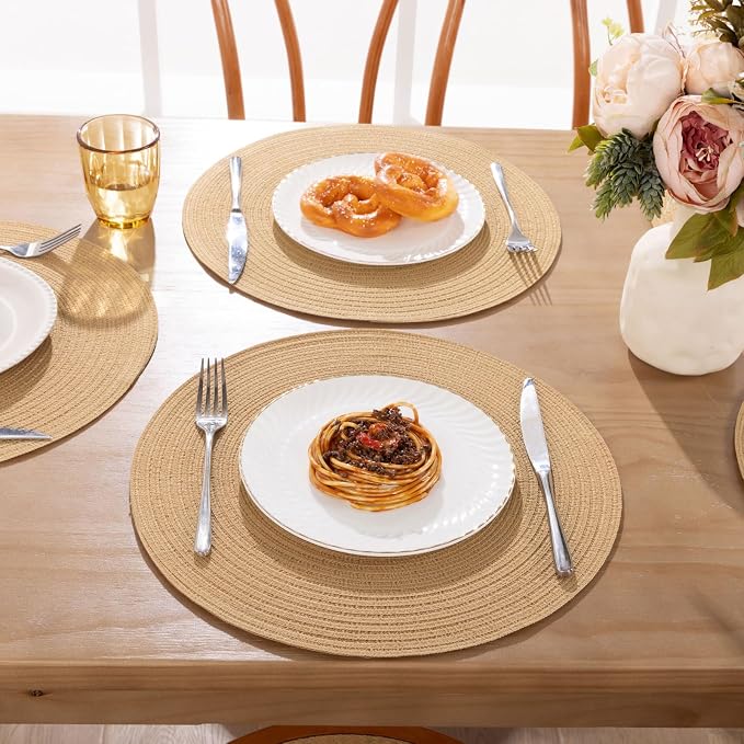 SHACOS Round Placemats Set of 8 Washable 15 inch Round Placemat Cotton Polyester Woven Braided Table Place Mats for Dining Table Decor, Camel