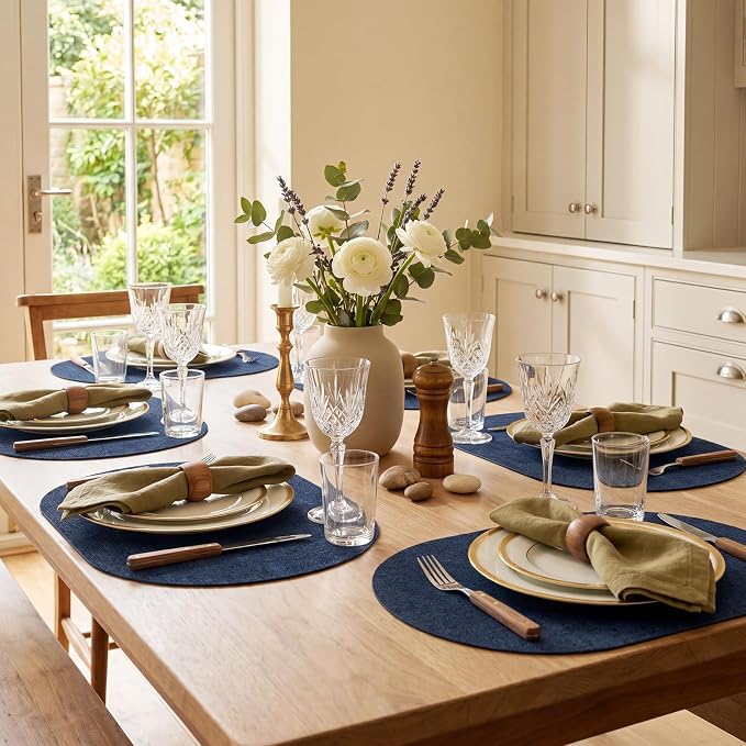 Placemats Set of 12-17" x 11.8" Waterproof & Heat Resistant Oval Place Mats, Wipeable Washable Double Layer Faux Leather Table Mats, Dark Blue