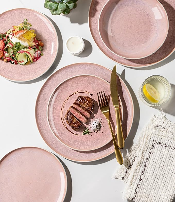 GBHOME Stoneware Dinnerware Sets for 6,18 Piece Rustic Plates and Bowls Set | Earthenware Handmade Reactive Glaze Plate Sets, Chip Resistant Ceramic Dishes, Microwave & Dishwasher Safe, Pink