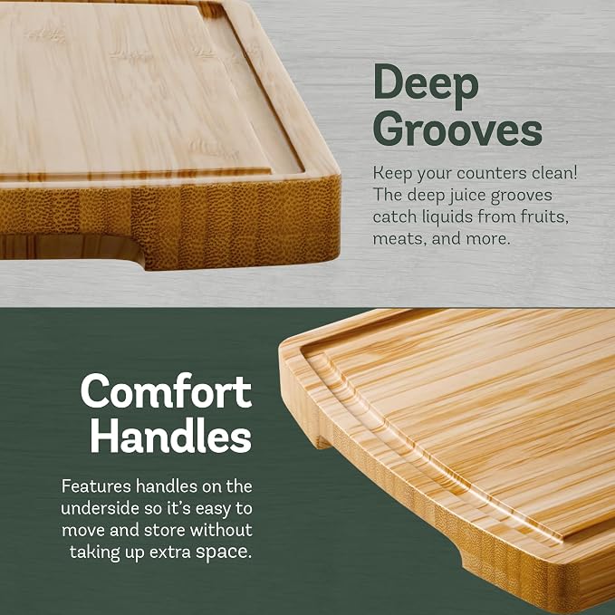 Bamboo Cutting Boards for Kitchen, Extra Large Wooden Chopping Board Set | Deep Juice Groove, Knife-Friendly, Side Handles, Reversible Butcher Block, for Serving, Meat, Veggies, Cheese, 4 Sizes