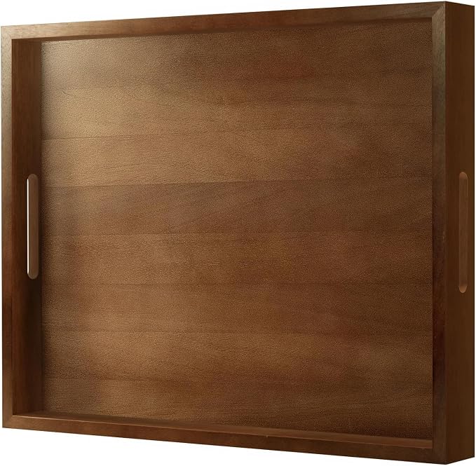 Extra Large Ottoman Tray, 22 x 18 inches Black Walnut Wooden Tray | Rectangle Decorative Tray with Handles, Wood Coffee Table Tray, Serving Platter Tray for Living Room, Countertop, Kitchen
